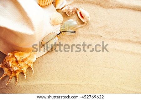 Summer concept with beach accessories. Pastel colors
