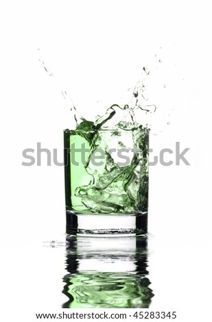 Beautiful splash of ice in the glass isolated on white background