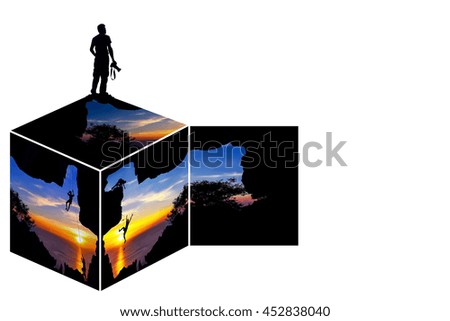 The rock climbing background with photographer standing by using program to cut and mix picture together.