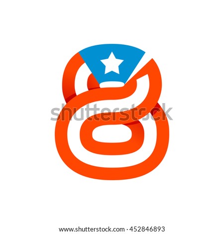Number eight logo with american stars and stripes. Vector design for banner, presentation, web page, card, labels or posters.