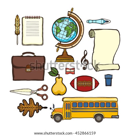 School set. Isolated on white background. Education symbols collections: bus, notebook, globe, diploma, briefcase, pear, scissors, paint, tree leaf, soccer ball, sharpener, pen,