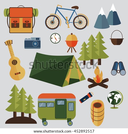 Set of camping equipment symbols and icons