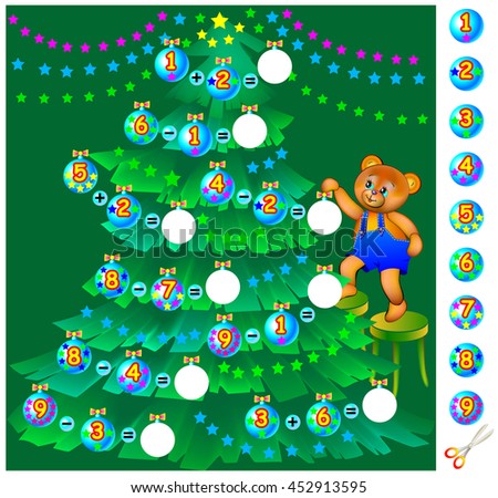 Exercises for children - help teddy bear decorate the Christmas tree. Need to solve examples, cut the balls and place them in the relevant circles. Vector image.