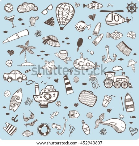 Big doodle vacation set. Hand drawn vector illustration with cartoon icons.Clip art for design. Cute background.