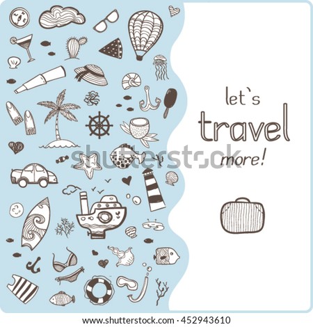 Cute vector illustration with doodle icons. Hand drawn summer and marine design. Vacation theme. Clip art for design, print, banners, cards, invitation, template