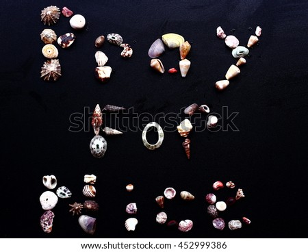 The words pray for nice written in seashells against a black background