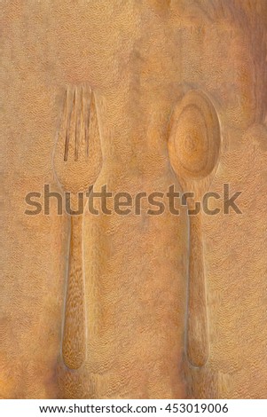 Wooden spoon and fork 3D embossed detail, photoshop technique, include clipping path.