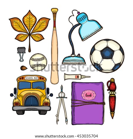 School set. Isolated on white background. Education symbols collections: soccer ball, lamp, bit bus, notebook, compass, pen, baseball, clip, color, leaf of the tree,