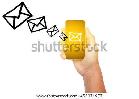 Hand holding mobile phone with icons. Concept of communication in the network.