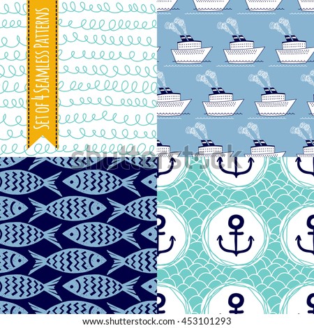 Set of 4 seamless patterns with abstract and nautical elements. Freehand drawing