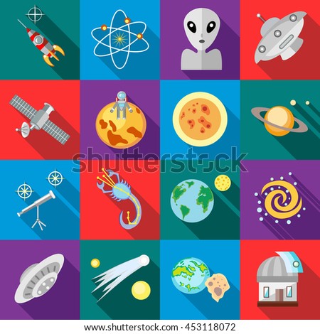 Space icons in flat style. Astronomy set collection vector illustration
