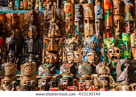 Different wooden souvenirs at the local Mexican market in the Chichen Itza