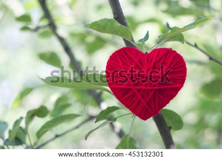 red woolen heart growing on a tree