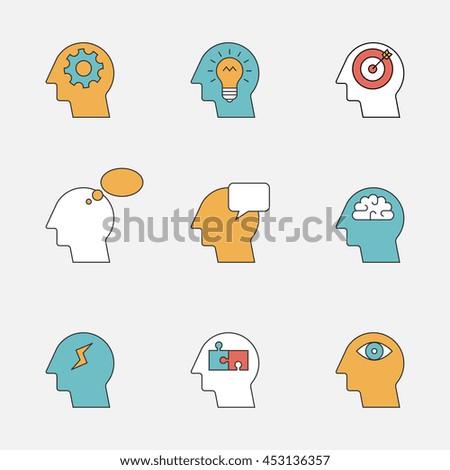 Human thinking process color line icons. Head brain icons