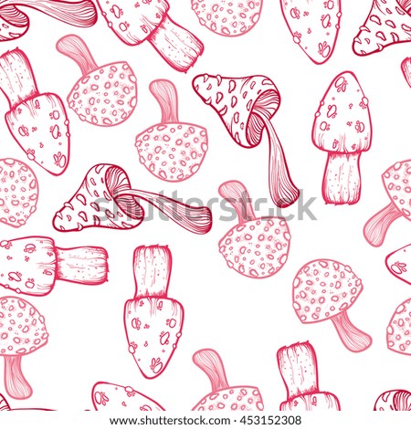 vector seamless pattern with pink beautiful mushrooms on white background