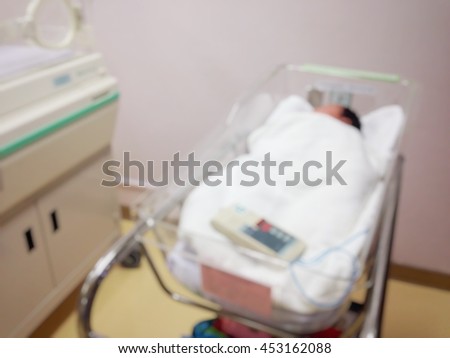 Background blur newborns in incubators. Couch after birth in hospital.