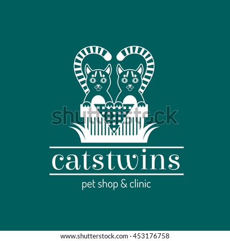 Vector illustration of funny cute cats twins couple sitting in basket on color background. Logo icon design template with abstract symbol and text lettering pet shop and veterinary clinic
