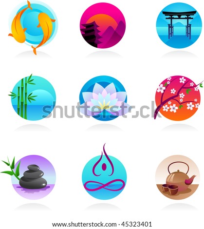 A set of icons in Chinese, Japanese and Indian style - spirituality and wellness theme