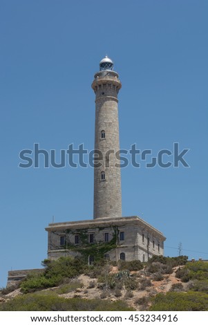 	Faro de Cabo de Palos, Murcia, Spain. Lighthouse atop a small peninsula in the mediterranean sea between Cartegena and La Manga enclosing Mar Menor.