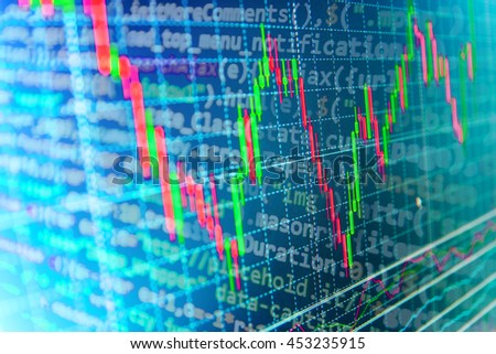 Computer source code and stock graph chart on monitor screen. Modern Internet web technology and business financial background photo.