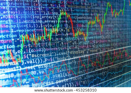 Coding and business. Computer source code and stock graph chart on monitor screen. Modern Internet web technology and business financial background photo.