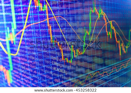 Coding and business. Computer source code and stock graph chart on monitor screen. Modern Internet web technology and business financial background photo.