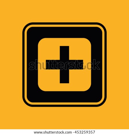 Black medical cross sign vector icon. Yellow background