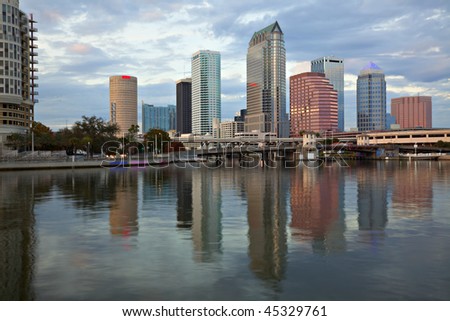 Beautiful blue sunrise sunset and reflections in downtown Tampa, Florida