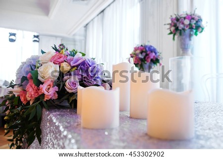 Wedding flower composition. Wedding interior. 