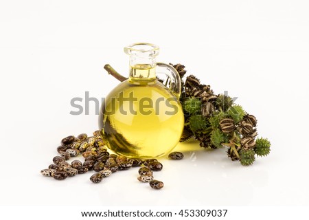 Castor oil bottle with castor fruits, seeds and leaf. Royalty-Free Stock Photo #453309037