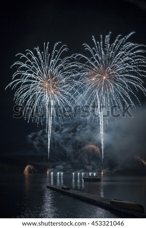 Ignis Brunensis blue silver and gold colored fireworks resembling aster flower reflecting on dam water surface. Long exposure night graphical photography using creative tilt effect by tilt-shift lens.