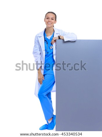 A female doctor with a blank billboard.