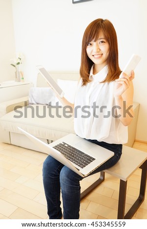Young japanese woman using Computer, Tablet and smart phone