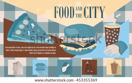 Fast food vector illustration with fries, cola, burger and pizza. Design elements for print, web, and other uses. Colorful stylish fast food icons on colored background with place for text and caption