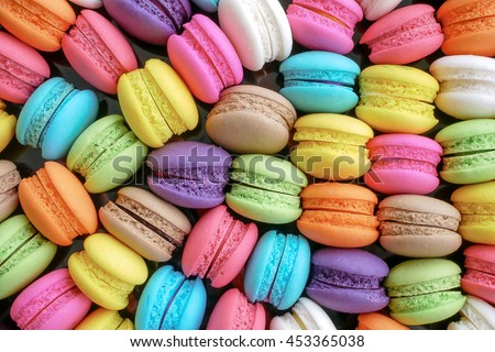 Close up colorful macarons dessert with vintage pastel tones Royalty-Free Stock Photo #453365038