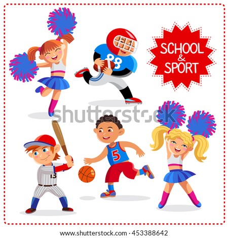 School time. Happy boys and girls. Sport for kids including basketball, baseball, american football and cheerleaders. Vector set Isolated on a white background.