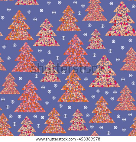 Magic winter seamless pattern of colorful mosaic fir trees and snowflakes. Simple geometric Happy New Year and Christmas design. Northern wood vector illustration on blue background.