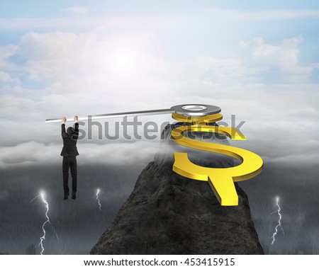 Businessman grab clock hands with USD dollar sign on mountain peak with dramatic weather, 3D rendering