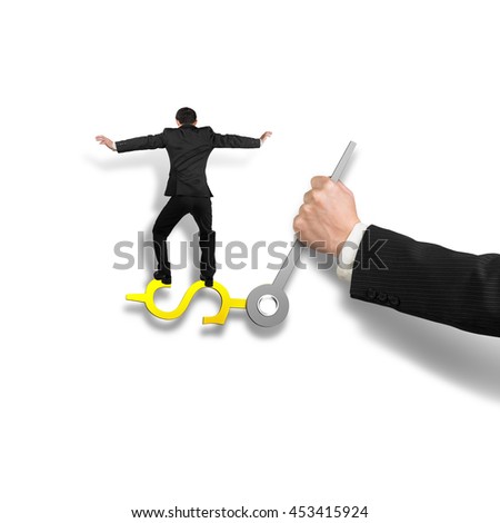 Balancing on USD sign clock hand with hand holding, isolated in white background, 3D illustration