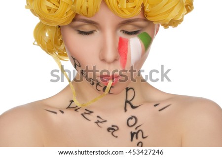woman with pasta in Italian style isolated on white