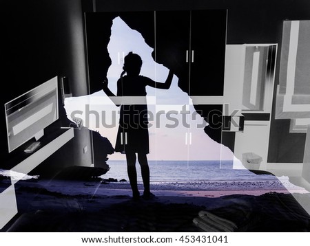 Girl standing in front of the cave with bedroom background.Using the program color range and clipping mask to included two images together
