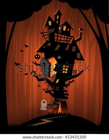 The illustration of Halloween night background. Big trees and a haunted house in the dark woods.
A ghost and pumpkins for trick or treat.
