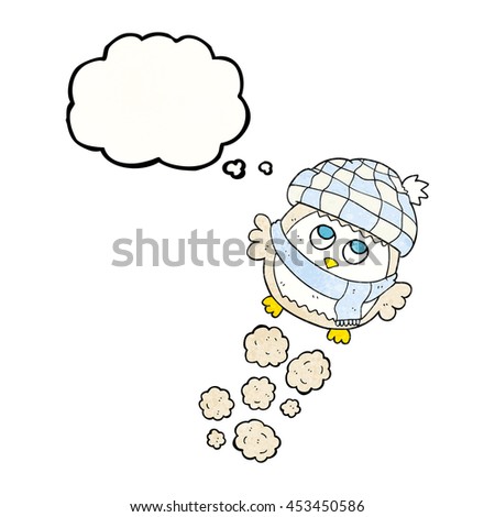 freehand drawn thought bubble textured cartoon cute little owl flying