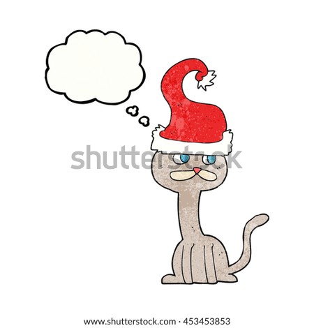 freehand drawn thought bubble textured cartoon cat wearing christmas hat