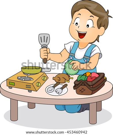 Illustration of a Little Boy Playing with Mini Kitchen Utensils