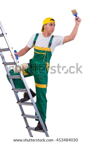 Young repairman painter climbing ladder isolated on white