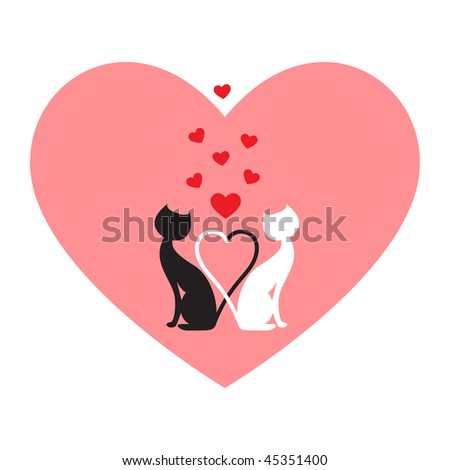 Black cat and white cat, side by side in pink heart