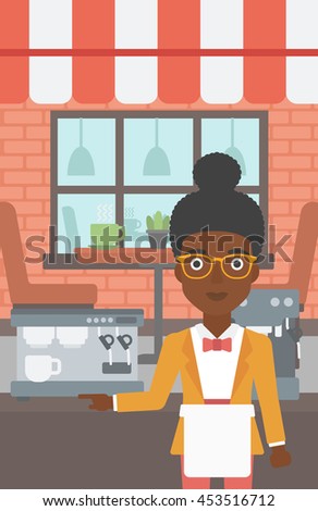 An african-american young female barista sanding in front of coffee machine. Barista at coffee shop. Professional barista making a cup of coffee. Vector flat design illustration. Vertical layout.
