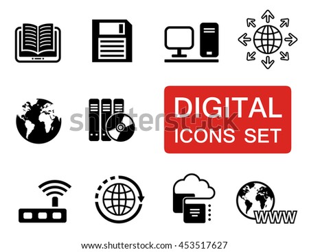 digital symbol. digital sign. digital objects. set of digital icons with red signboard