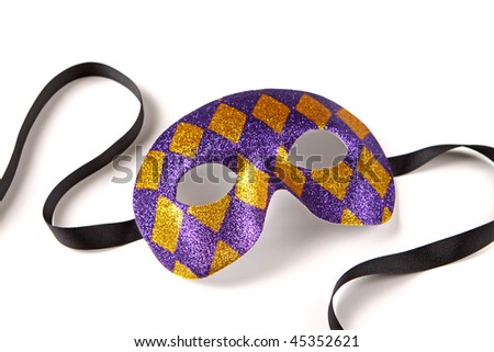 Purple and Gold Harlequin Venetian Mask with Black Ribbon on White with Soft Shadow